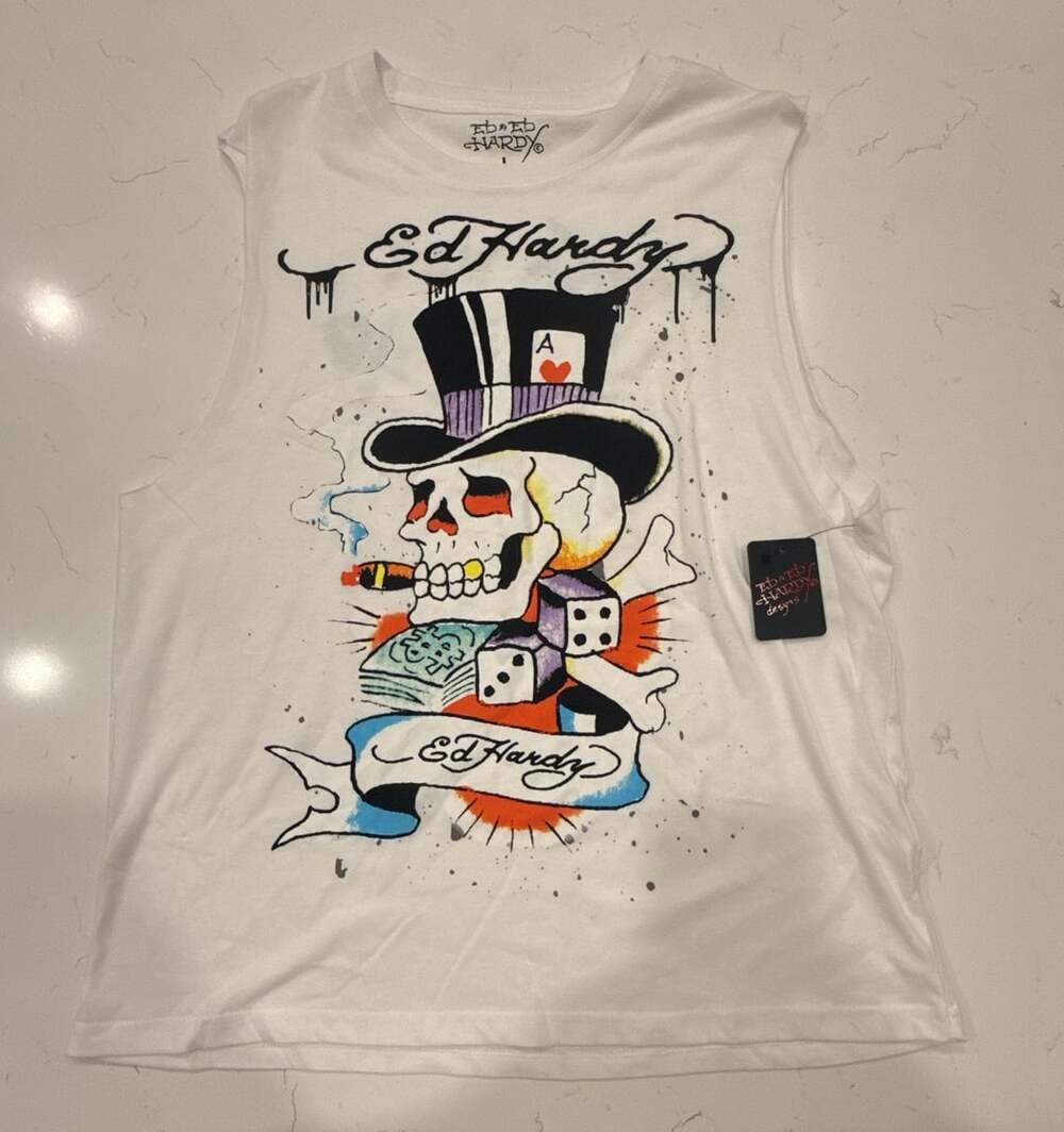 Ed Hardy Skull Top Hat Gambler Punks Not Dead Sleeveless Tee White Large NWT